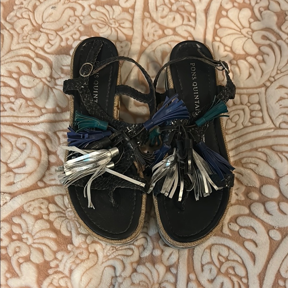 Pons Quintana Women's Black Sandals with Multicolor Tassels